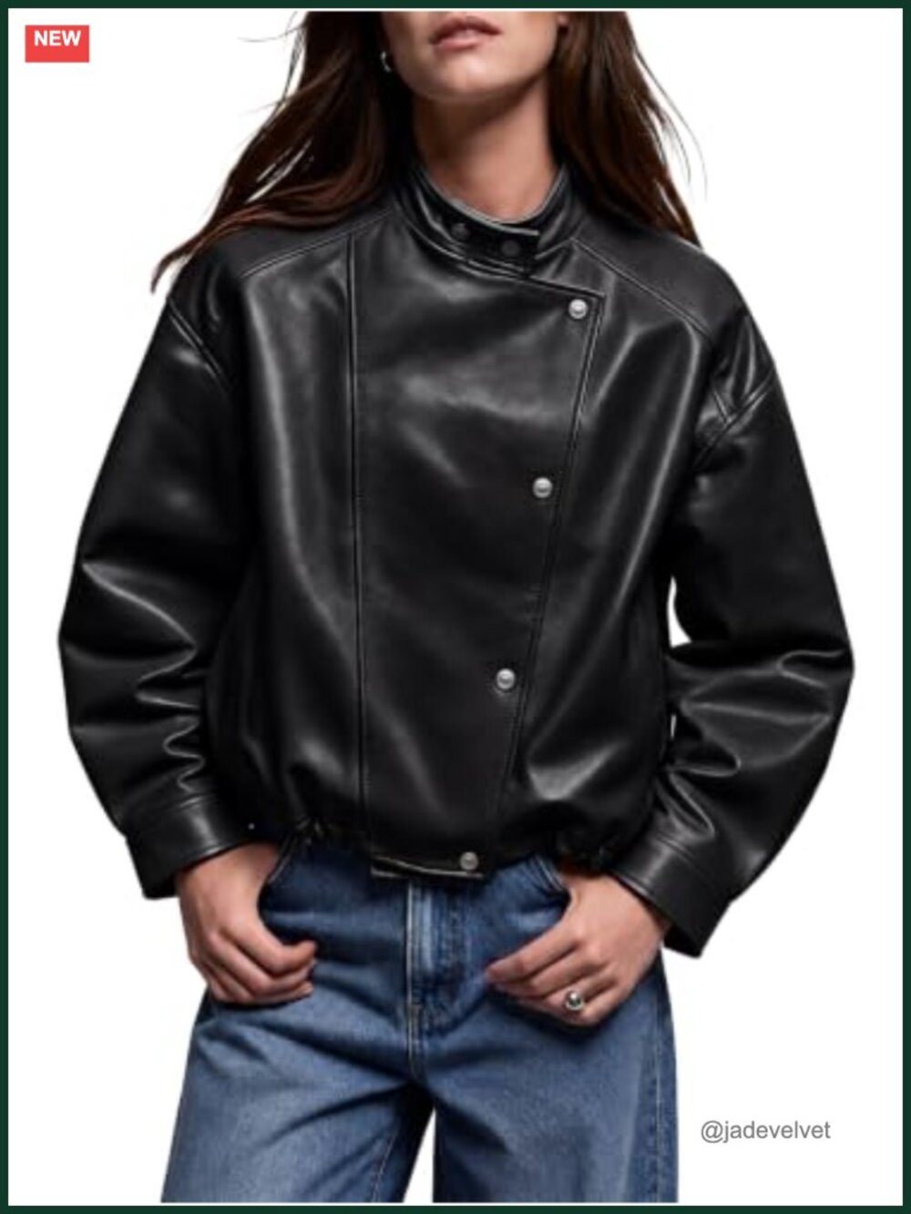 Oversized Faux Leather Cropped Moto Jacket Snap Button Stand Collar